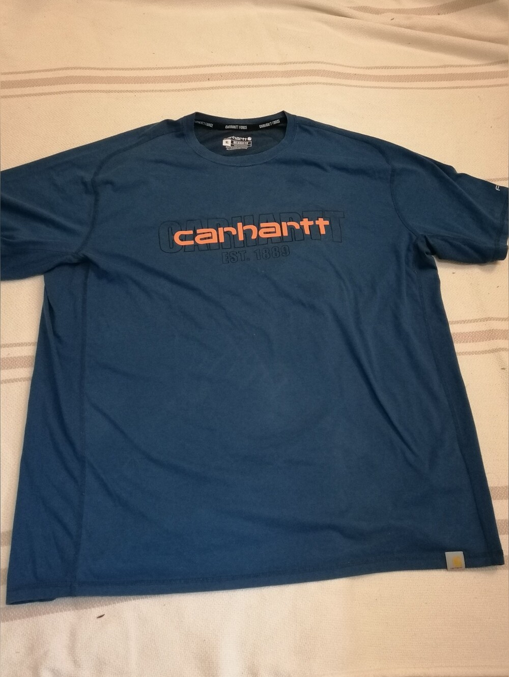 Carhartt Blue Short-Sleeve Logo Crew Tee with Orange Accent
